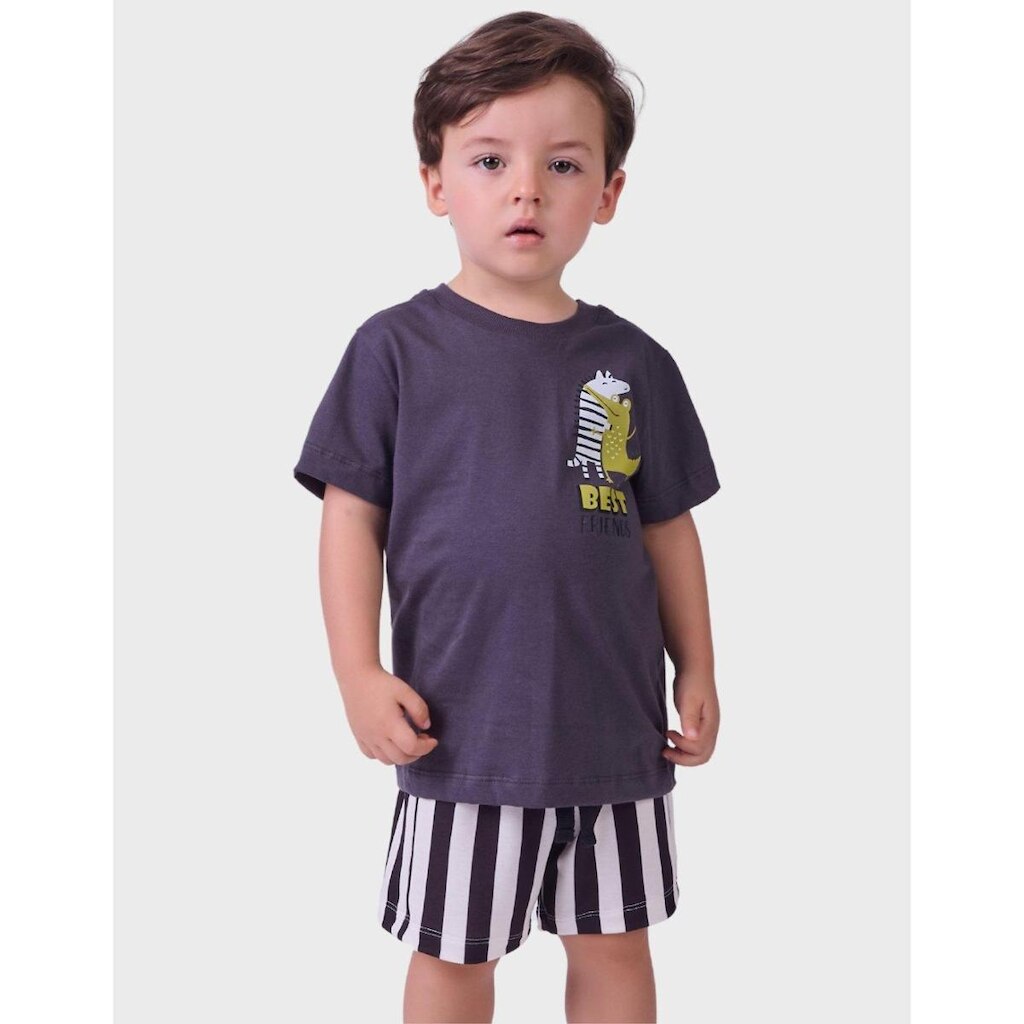 Conjunto Camisa Meia Malha Estampada Manga Curta Com Bermuda Listrada Moletinho Menino 1 a 4