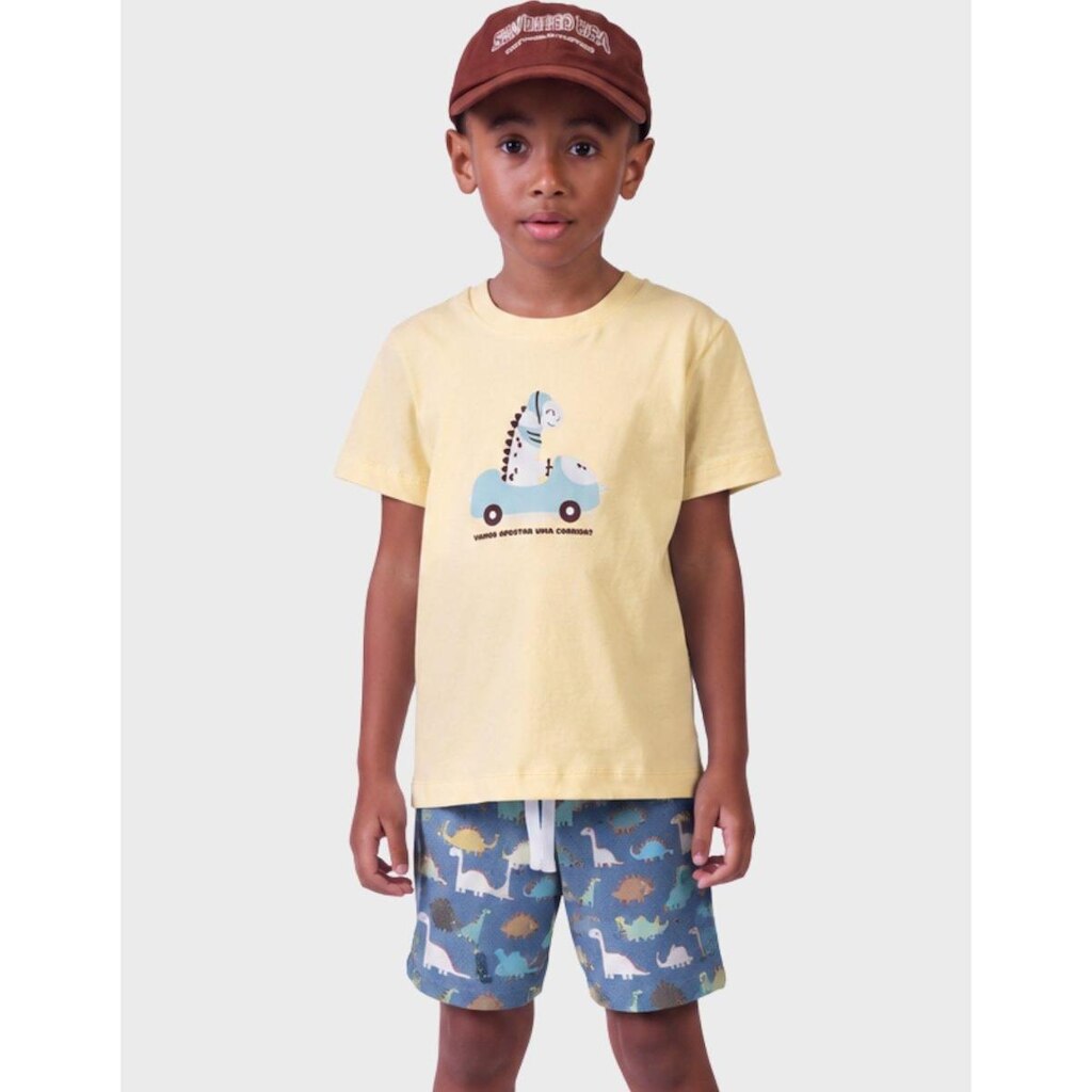Conjunto Camisa Meia Malha Gola Canoa Estilo Verão Estampadado Com Bermuda Molecotton Menino 1 a 4