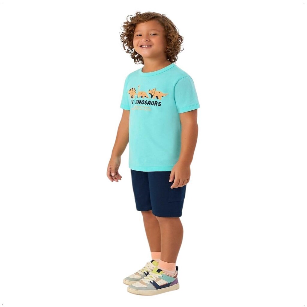 Conjunto Camiseta Com Relevo E Bermuda Em Moletom Dinossauro