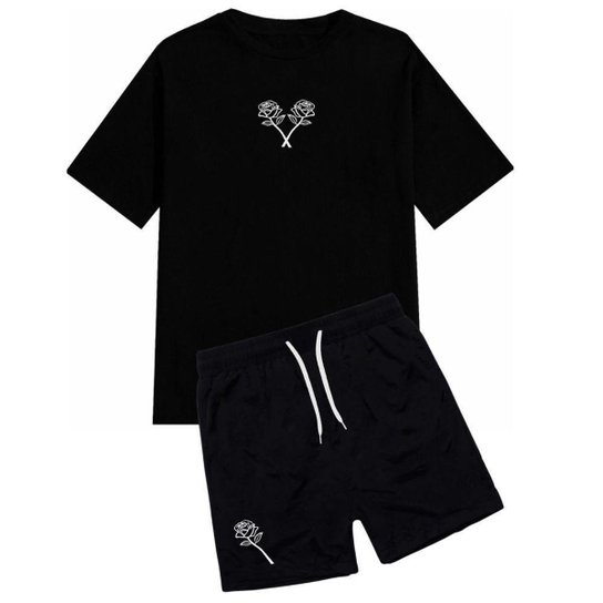 Conjunto Camiseta e Short Moda Praia Masculino Flor - Preto Menor preço em Conjunto Camiseta e Short Moda Praia Masculino Flor - Preto