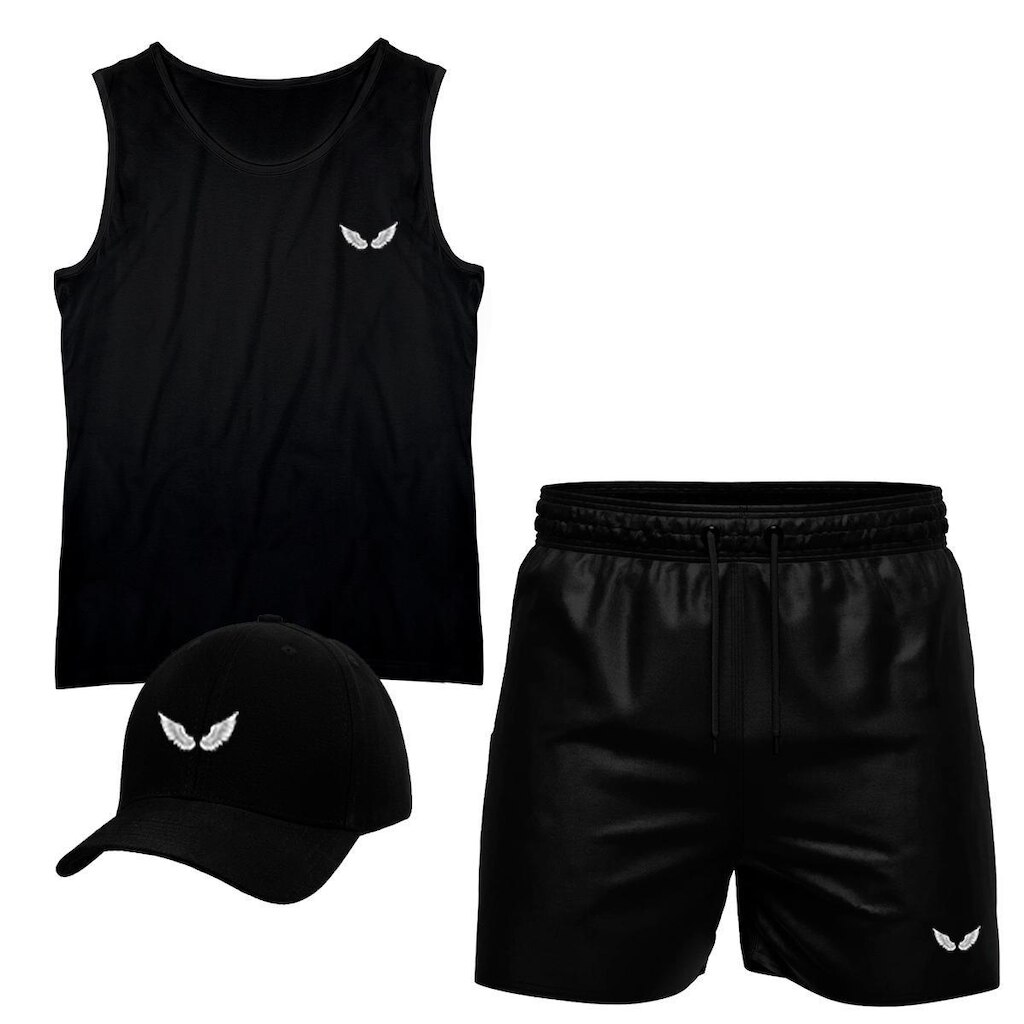 Conjunto Camiseta Regata Algodão Short Tactel E Boné Asas