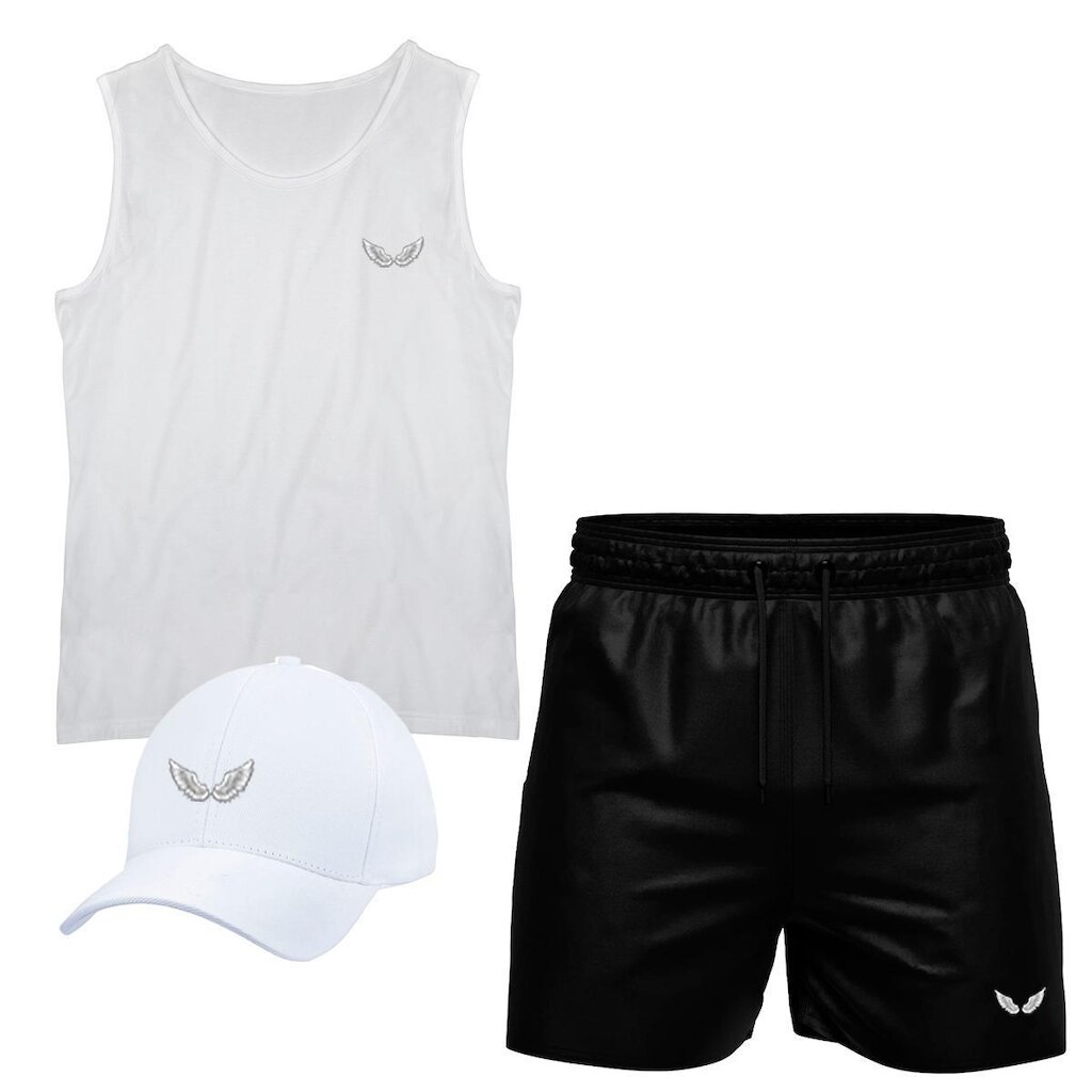 Conjunto Camiseta Regata Algodão Short Tactel E Boné Asas