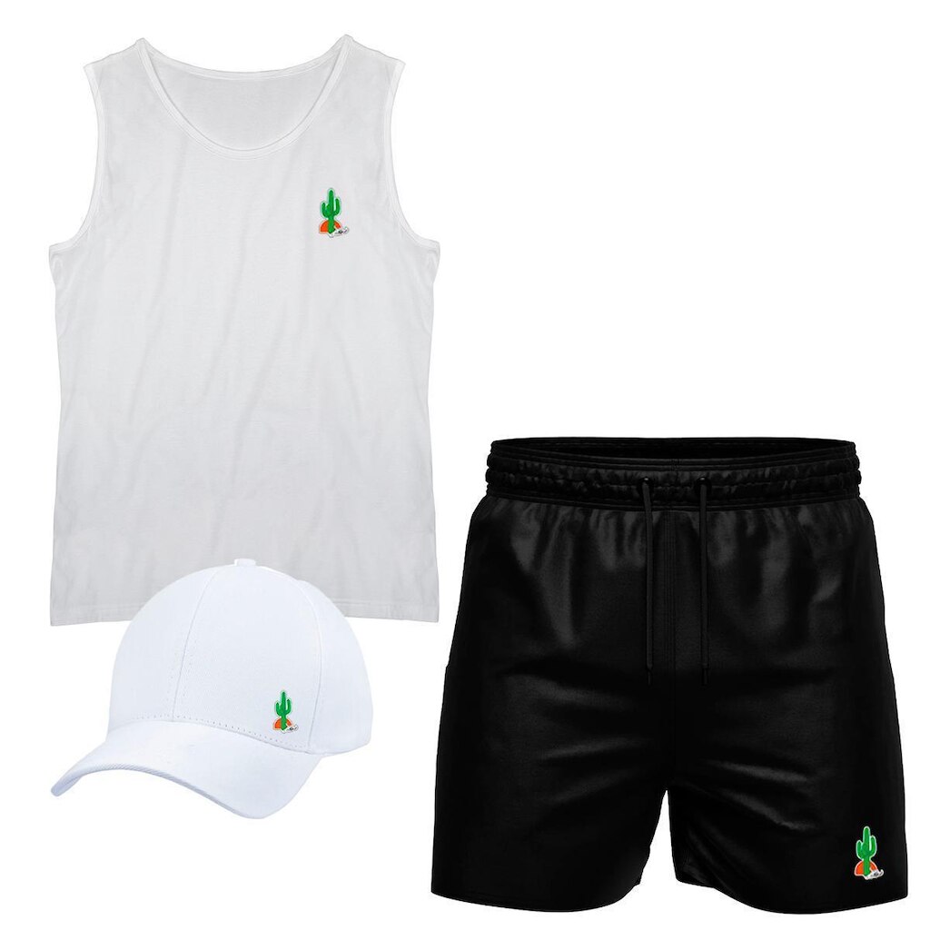 Conjunto Camiseta Regata Algodão Short Tactel E Boné Cacto