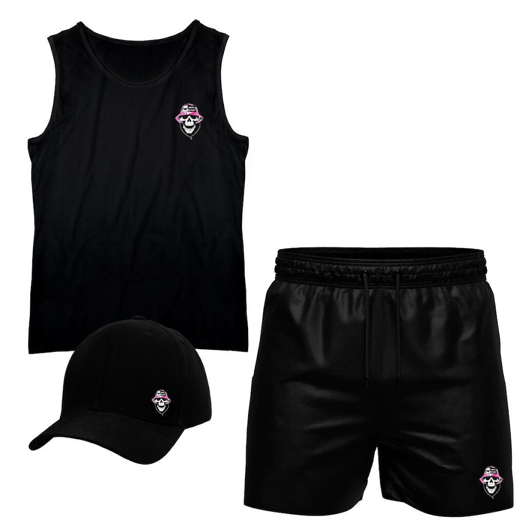 Conjunto Camiseta Regata Algodão Short Tactel E Boné Caveira2