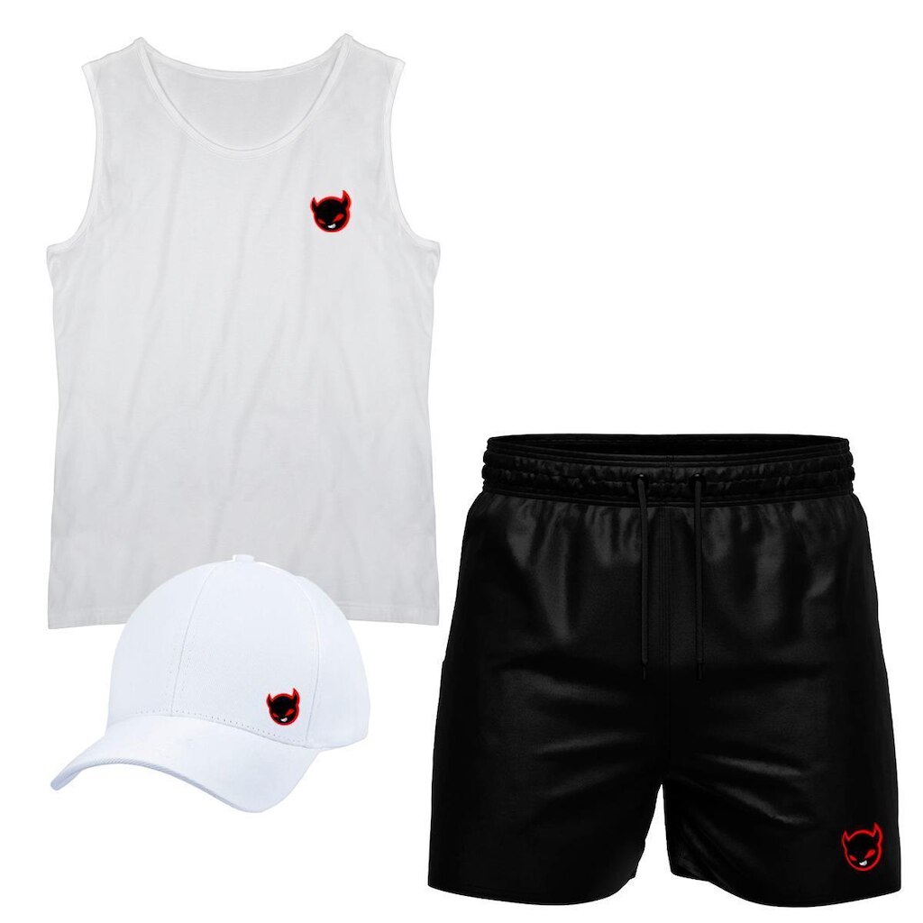 Conjunto Camiseta Regata Algodão Short Tactel E Boné Demon