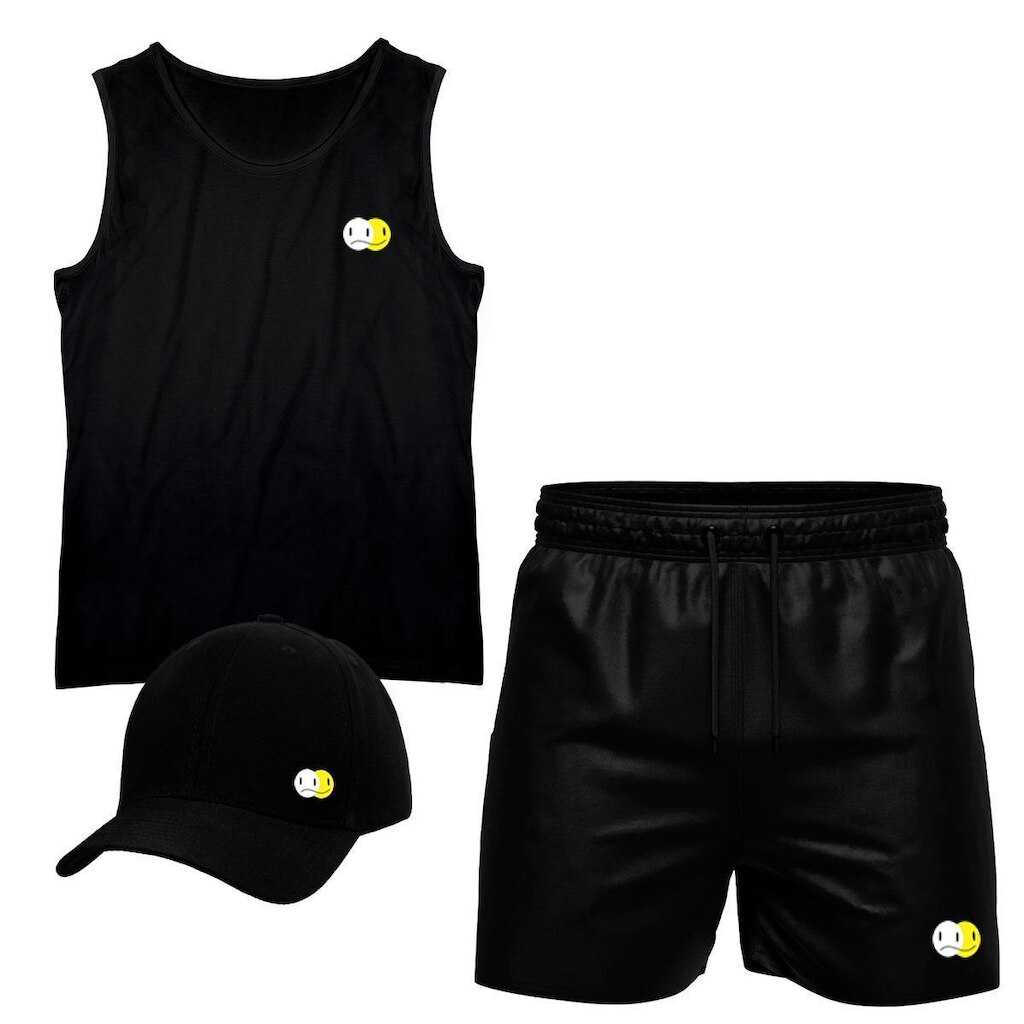 Conjunto Camiseta Regata Algodão Short Tactel E Boné Emoji