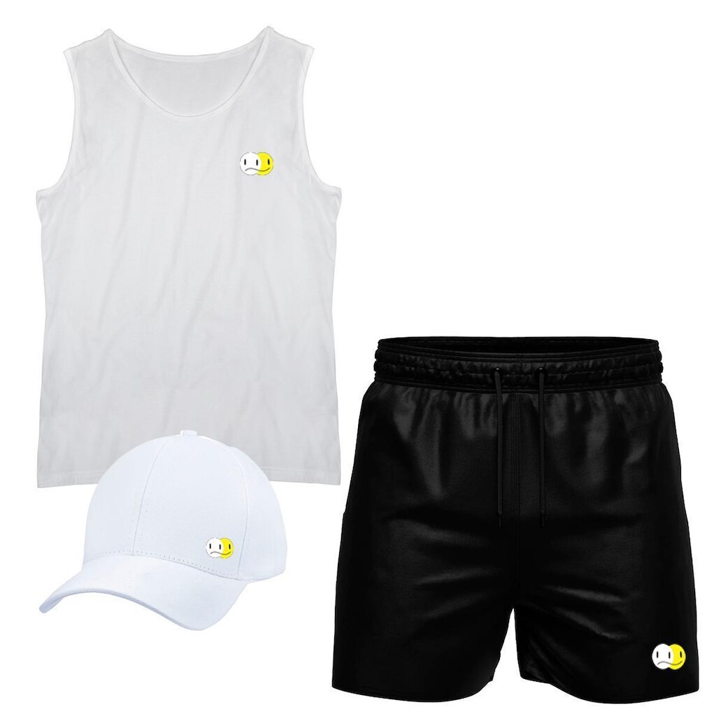 Conjunto Camiseta Regata Algodão Short Tactel E Boné Emoji