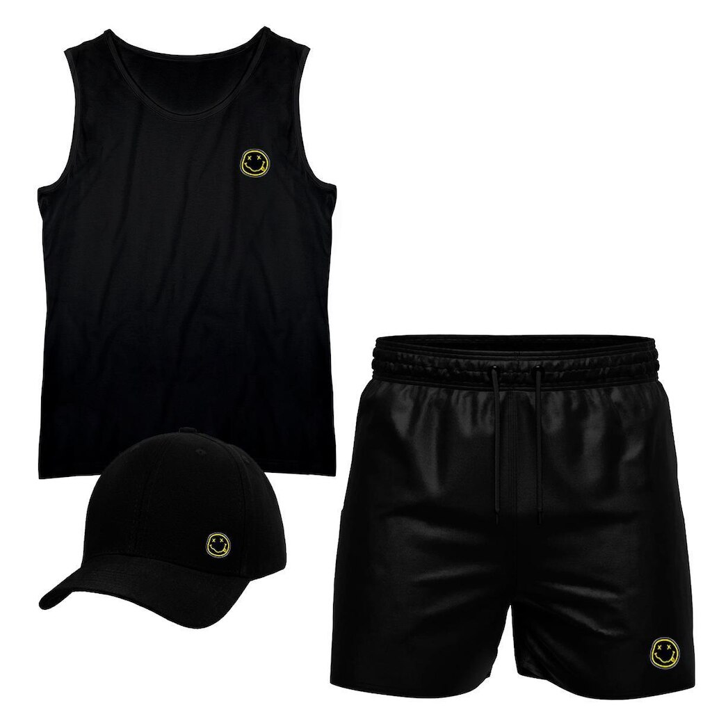 Conjunto Camiseta Regata Algodão Short Tactel E Boné Emoji2