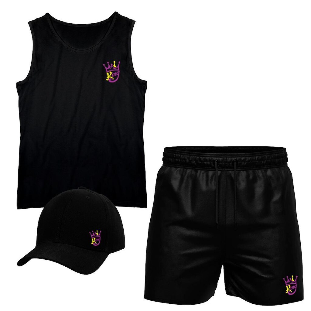 Conjunto Camiseta Regata Algodão Short Tactel E Boné King