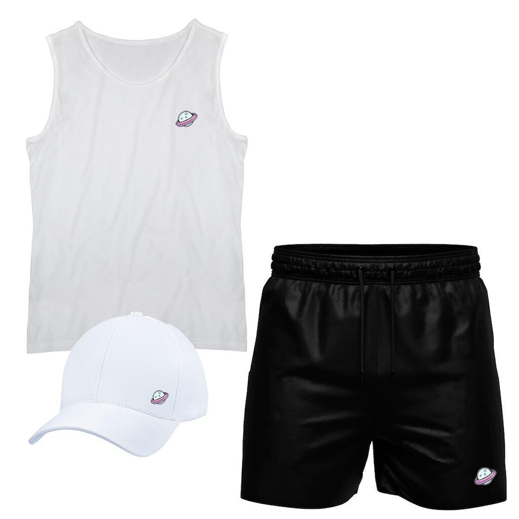 Conjunto Camiseta Regata Algodão Short Tactel E Boné Planeta