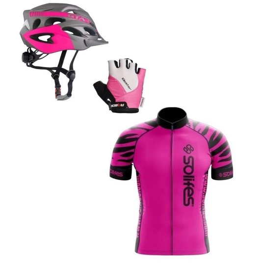 Conjunto Capacete e Luva Ciclismo + Camisa Bike feminina - Rosa Menor preço em Conjunto Capacete e Luva Ciclismo + Camisa Bike feminina - Rosa