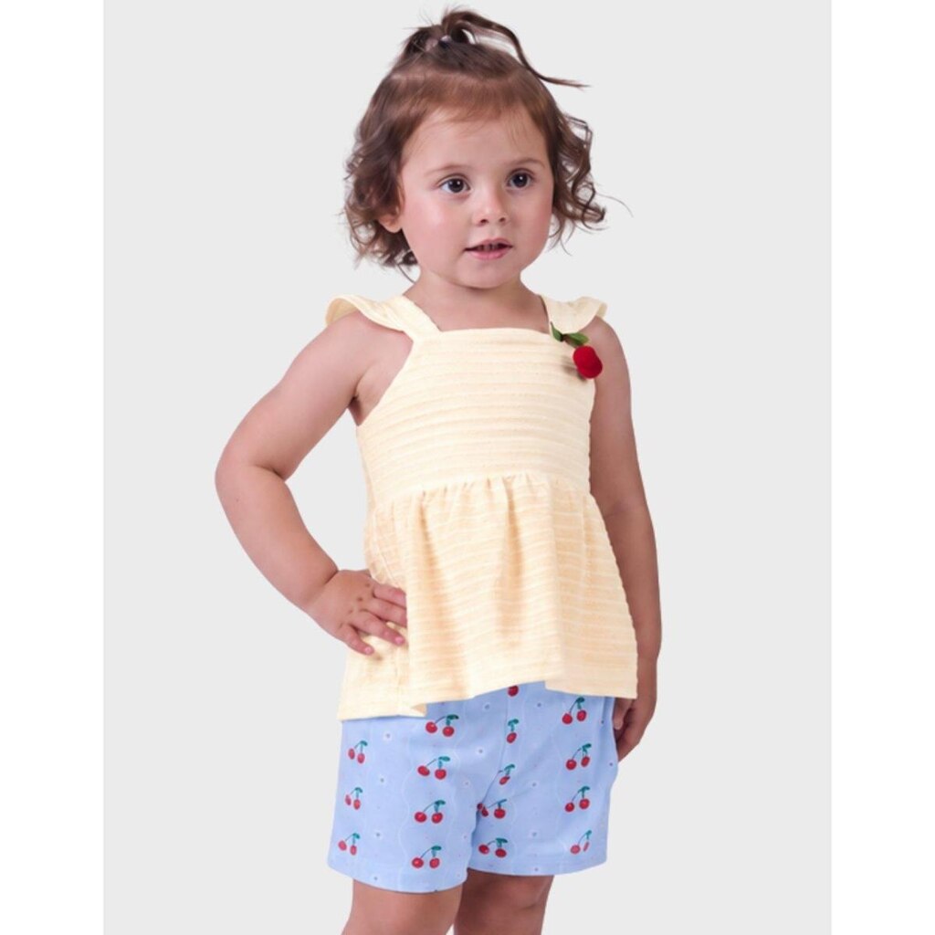 Conjunto Cereja Trabalhada Blusa Sem Manga Com Shorts Molecotton Fresco Menina 1 a 4