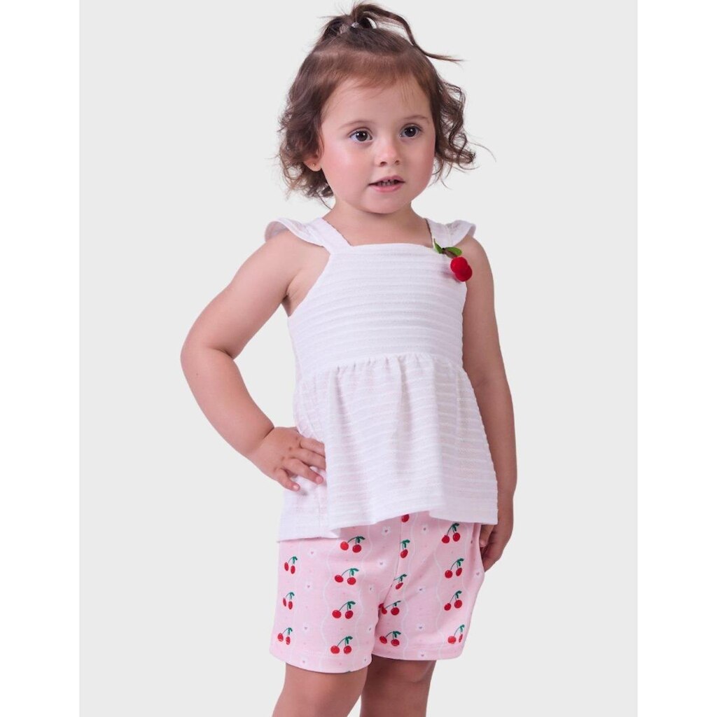 Conjunto Cereja Trabalhada Blusa Sem Manga Com Shorts Molecotton Fresco Menina 1 a 4