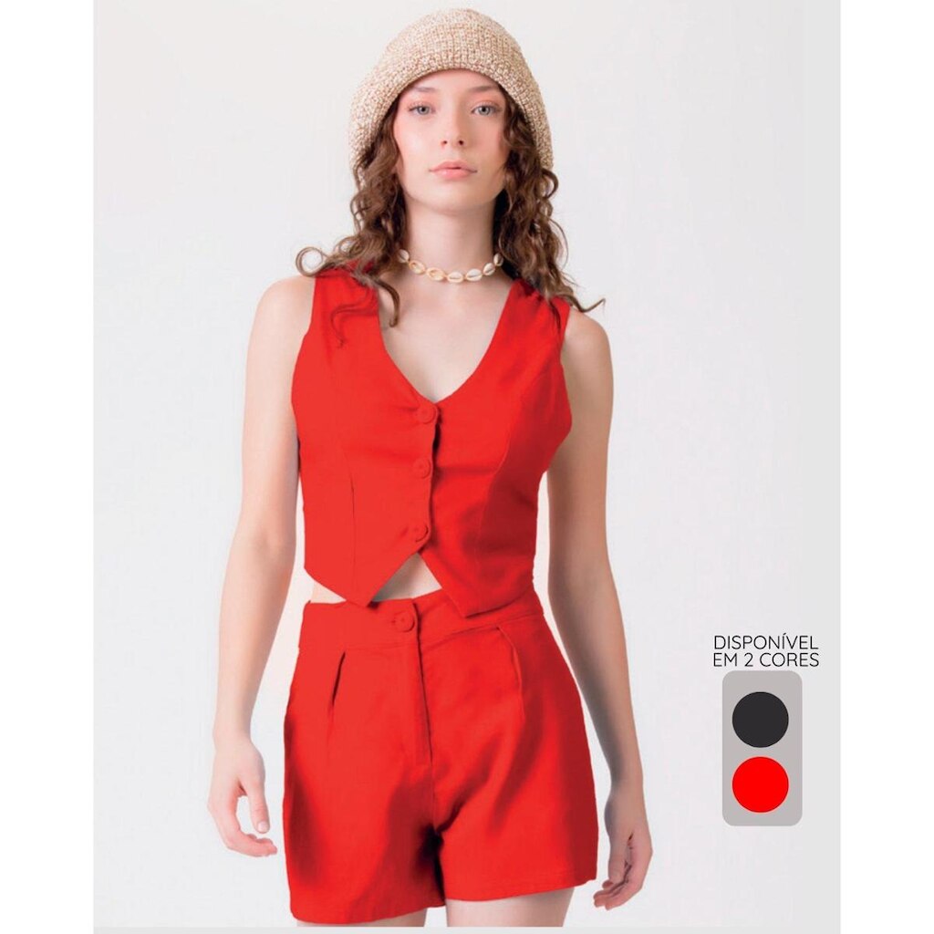 Conjunto colete e shorts elegante fresco confortável - Preto e Vermelho - Feminino 12 a 18 anos