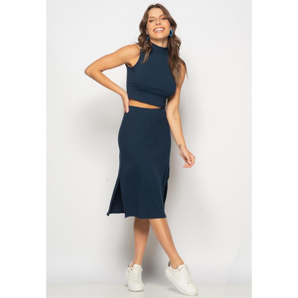 Conjunto Cropped Regata E Saia Midi Malha Canelada Salvatore