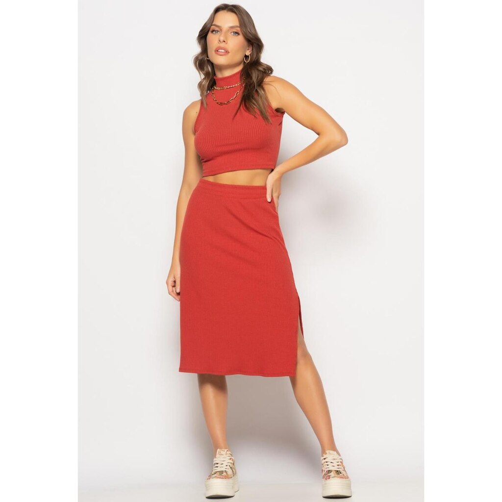 Conjunto Cropped Regata E Saia Midi Malha Canelada Salvatore