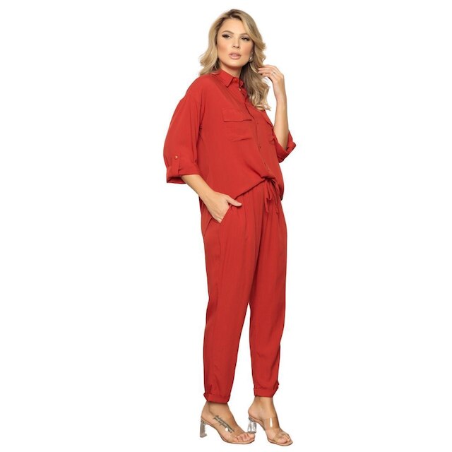 Conjunto Davanzo Camisa Comfort e Calça Com Elástico Elegante Tendência Feminino