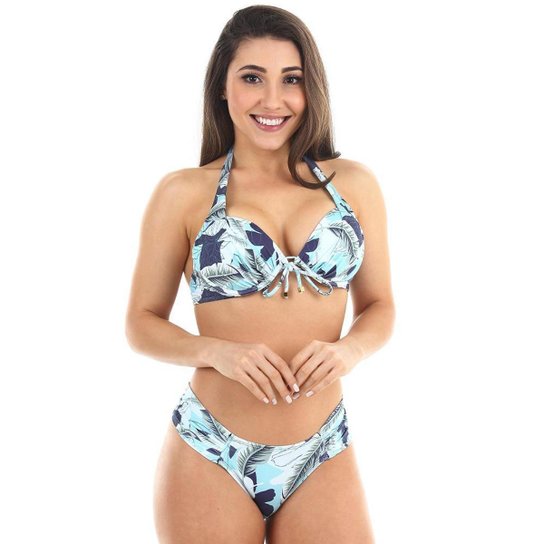 Conjunto de biquini Águas Claras top meia taça com bojo e calcinha borboleta lateral drapeada - Azul Claro+Marinho Menor preço em Conjunto de biquini Águas Claras top meia taça com bojo e calcinha borboleta lateral drapeada - Azul Claro+Marinho