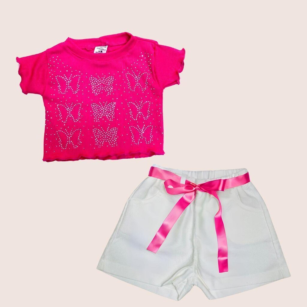 Conjunto de Blusa com Strass/Brilho e Shorts Branco com Fita
