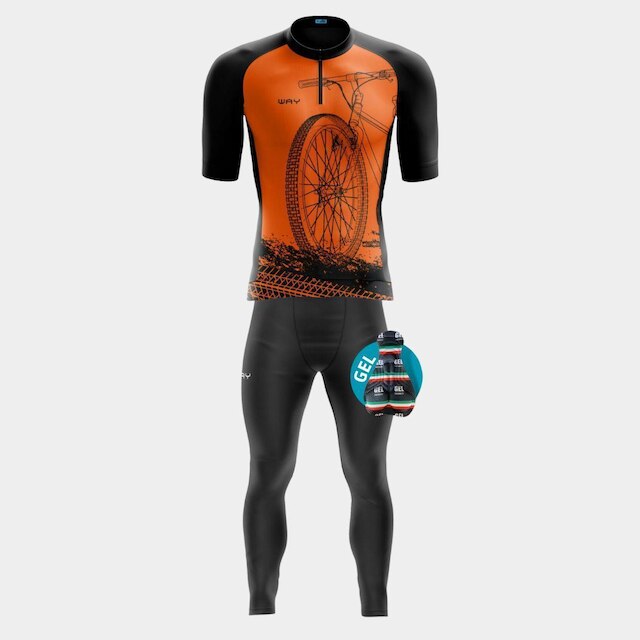 Conjunto de Ciclismo Camisa Masculina Bike Roda Laranja PRO Manga Curta Bolso Traseiro e Calça Gel