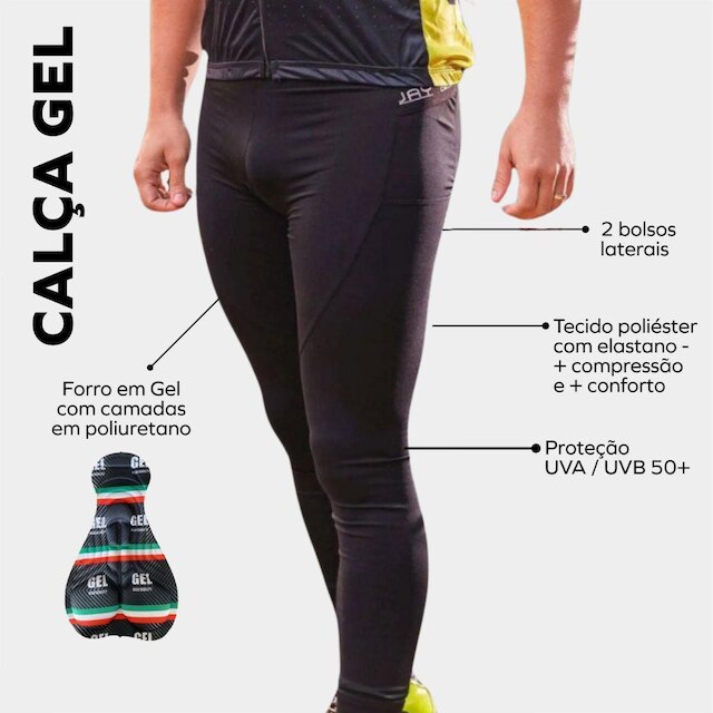 Conjunto de Ciclismo Camisa Masculina Bike Roda Laranja PRO Manga Curta Bolso Traseiro e Calça Gel