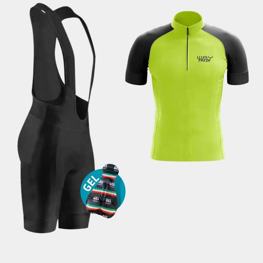 Conjunto de Ciclismo Camisa Verde Neon e Bretelle de Gel