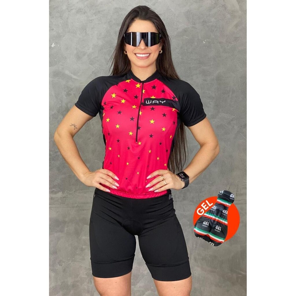 Conjunto de Ciclismo Feminino Bike Camisa e Bermuda Acolchoada
