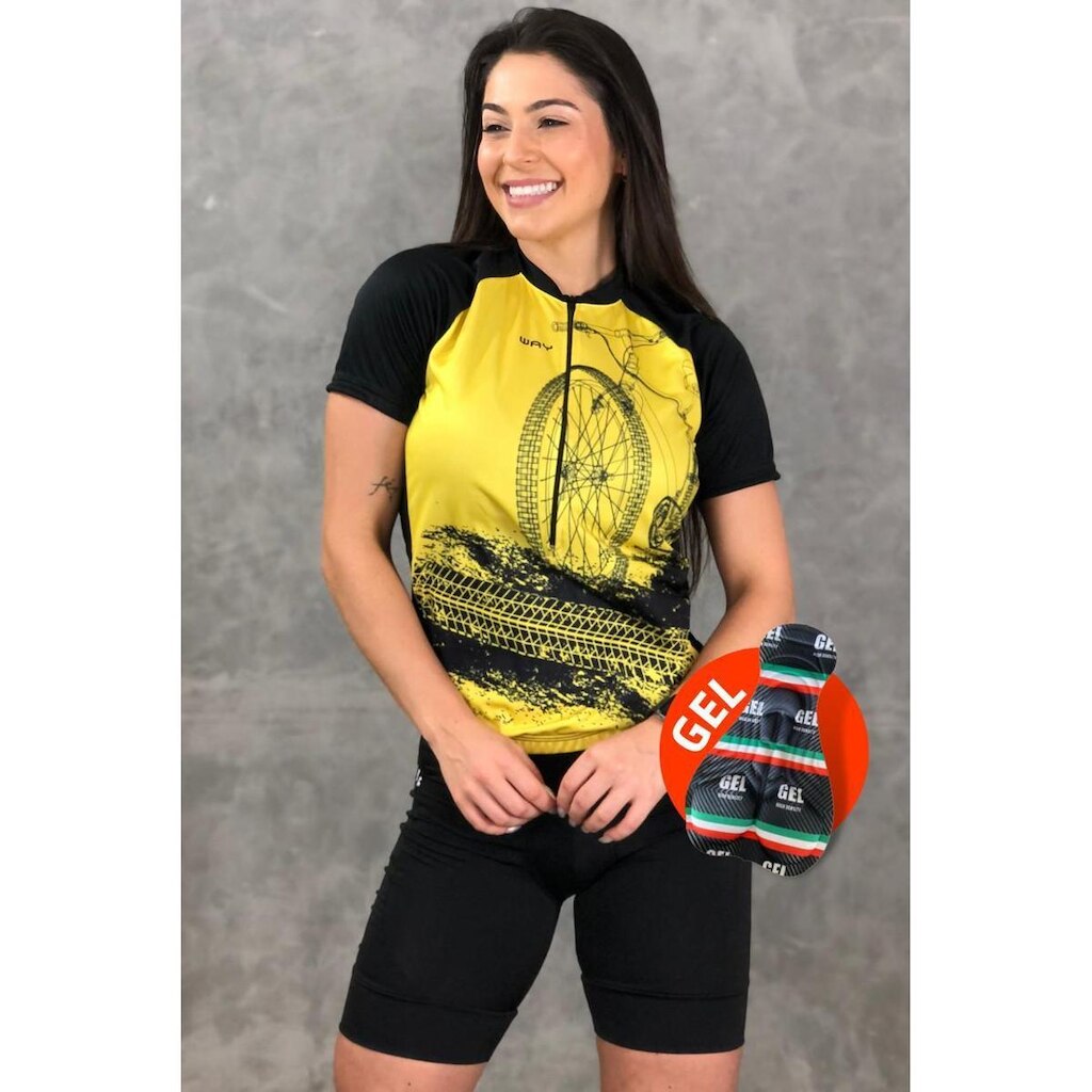 Conjunto de Ciclismo Feminino Camisa e Bermuda com Forro em Gel