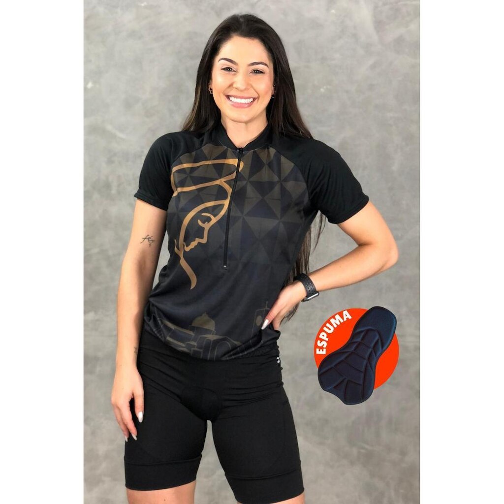 Conjunto de Ciclismo Feminino Romaria Nossa Senhora Camisa e Bermuda de Espuma