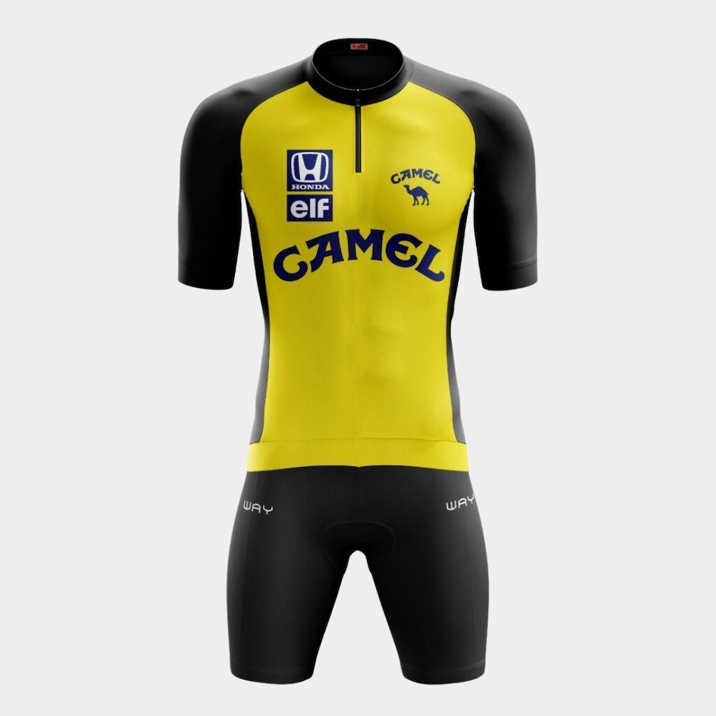 Conjunto de Ciclismo Masculino Camisa Camel PRO Bolso Traseiro Bermuda Forro Espuma