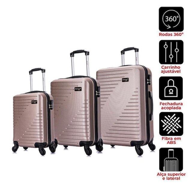 Conjunto de malas de viagem PP P e M Chicago Swiss Move Champagne