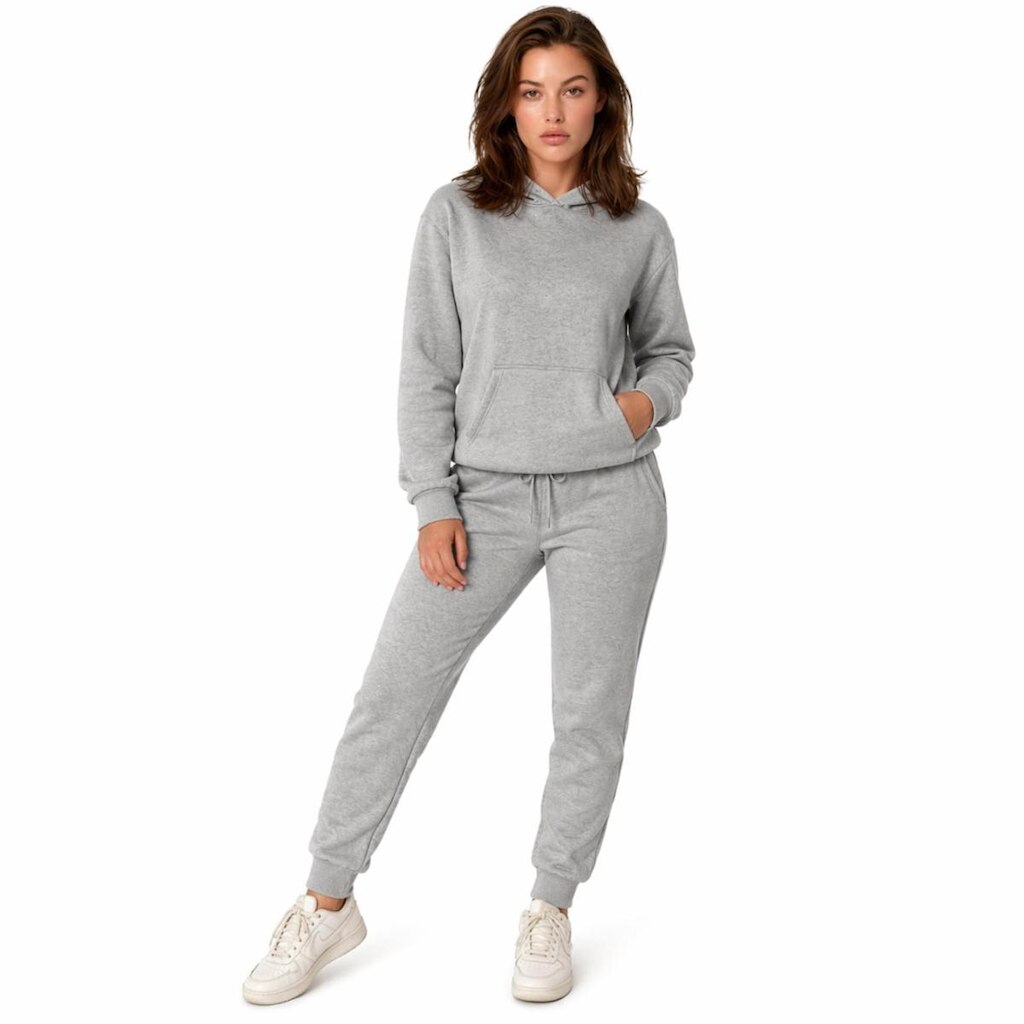 Conjunto de Moletom Feminino, Com Capuz, Com Bolso Canguru, Flanelado