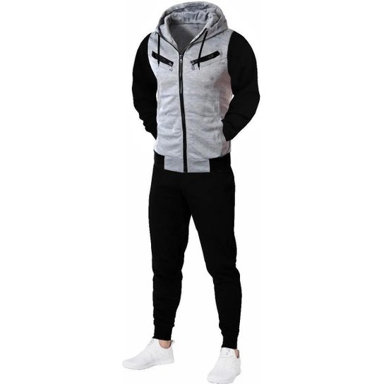 Conjunto de Moletom Relaxado Masculino Jaqueta de Ziper e Calça - Cinza Claro Menor preço em Conjunto de Moletom Relaxado Masculino Jaqueta de Ziper e Calça - Cinza Claro