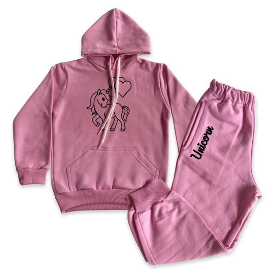 Conjunto de Moletom Unicornio Infantil Feminino com Capuz - Rosa Menor preço em Conjunto de Moletom Unicornio Infantil Feminino com Capuz - Rosa