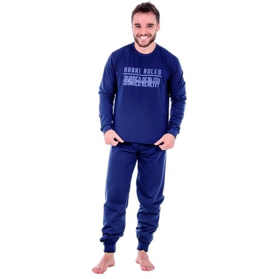 Conjunto de Pijama Inverno Masculino Moletinho Estampado e Flanelado Com Blusa e Calça Longa - Marinho Menor preço em Conjunto de Pijama Inverno Masculino Moletinho Estampado e Flanelado Com Blusa e Calça Longa - Marinho