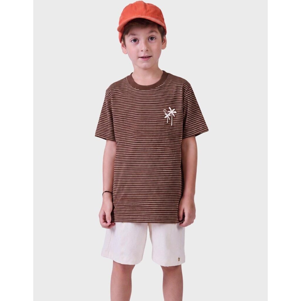 Conjunto Estampada Tropical Camisa Malha Listrada Com Bermuda Estilo Moletinho Menino 4 a 14