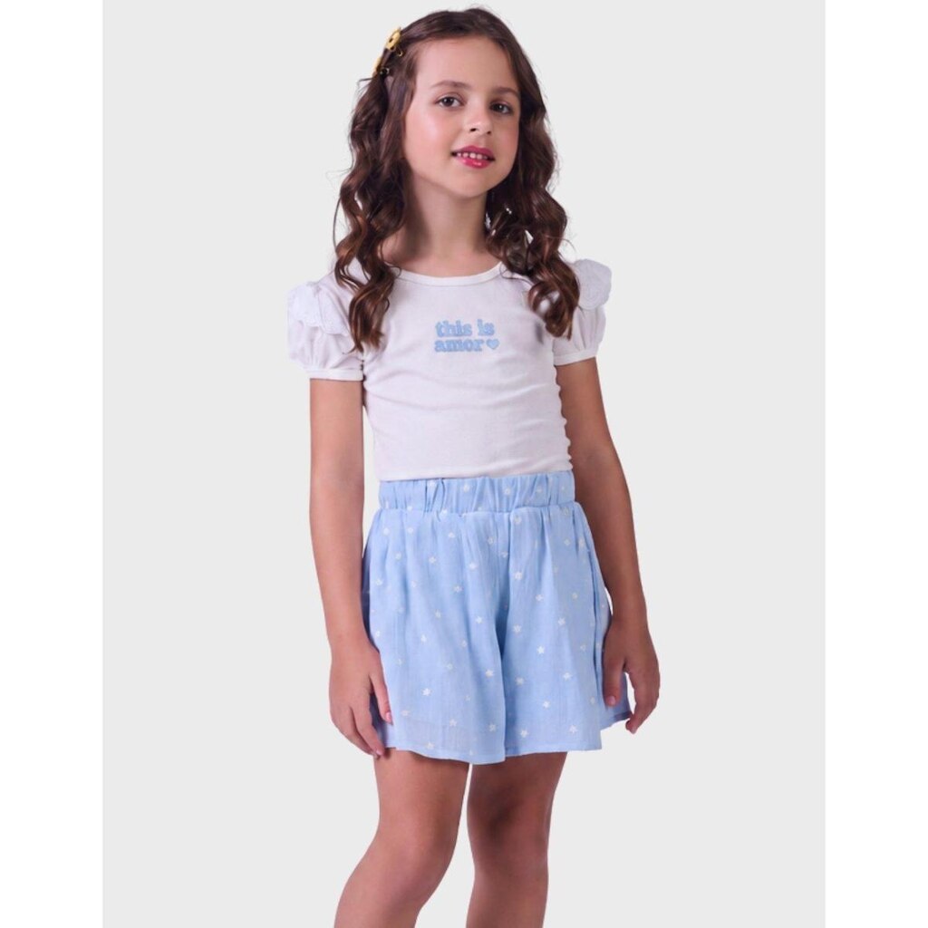 Conjunto Estilo Verão Blusa Gola Canoa Canelado Com Shorts/Saia Tecido Rayon Bordado Menina 4 a 14