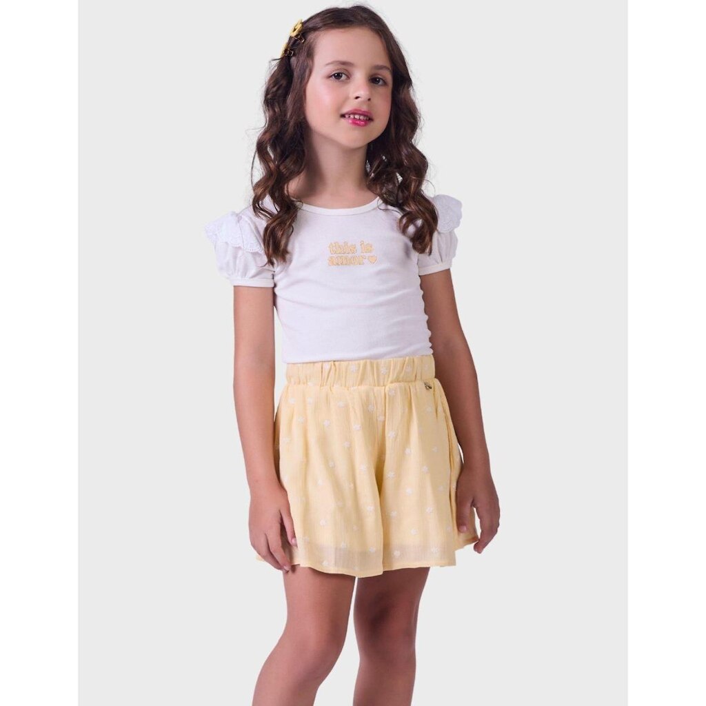 Conjunto Estilo Verão Blusa Gola Canoa Canelado Com Shorts/Saia Tecido Rayon Bordado Menina 4 a 14