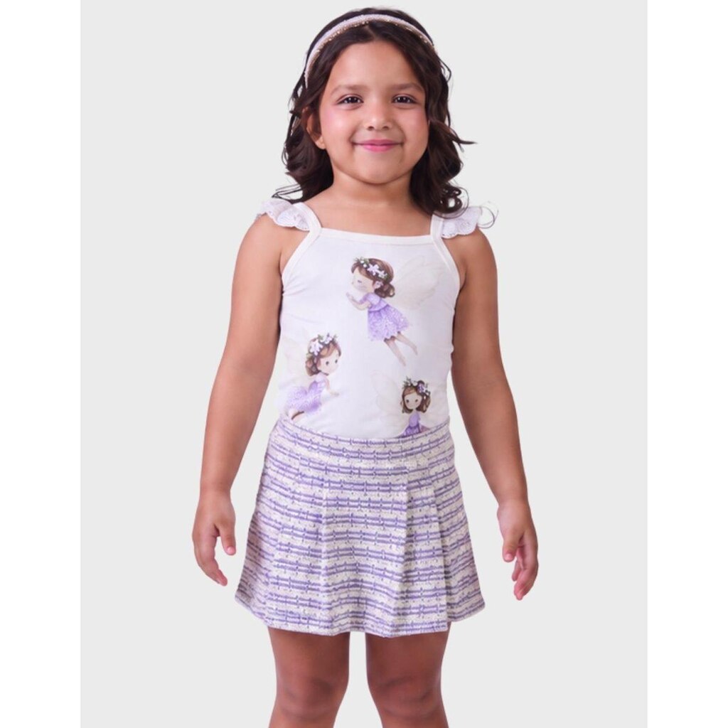 Conjunto Fada Blusa Estampada Sem Manga Com Shorts/Saia Molecotton Verão Fresco Menina 1 a 4