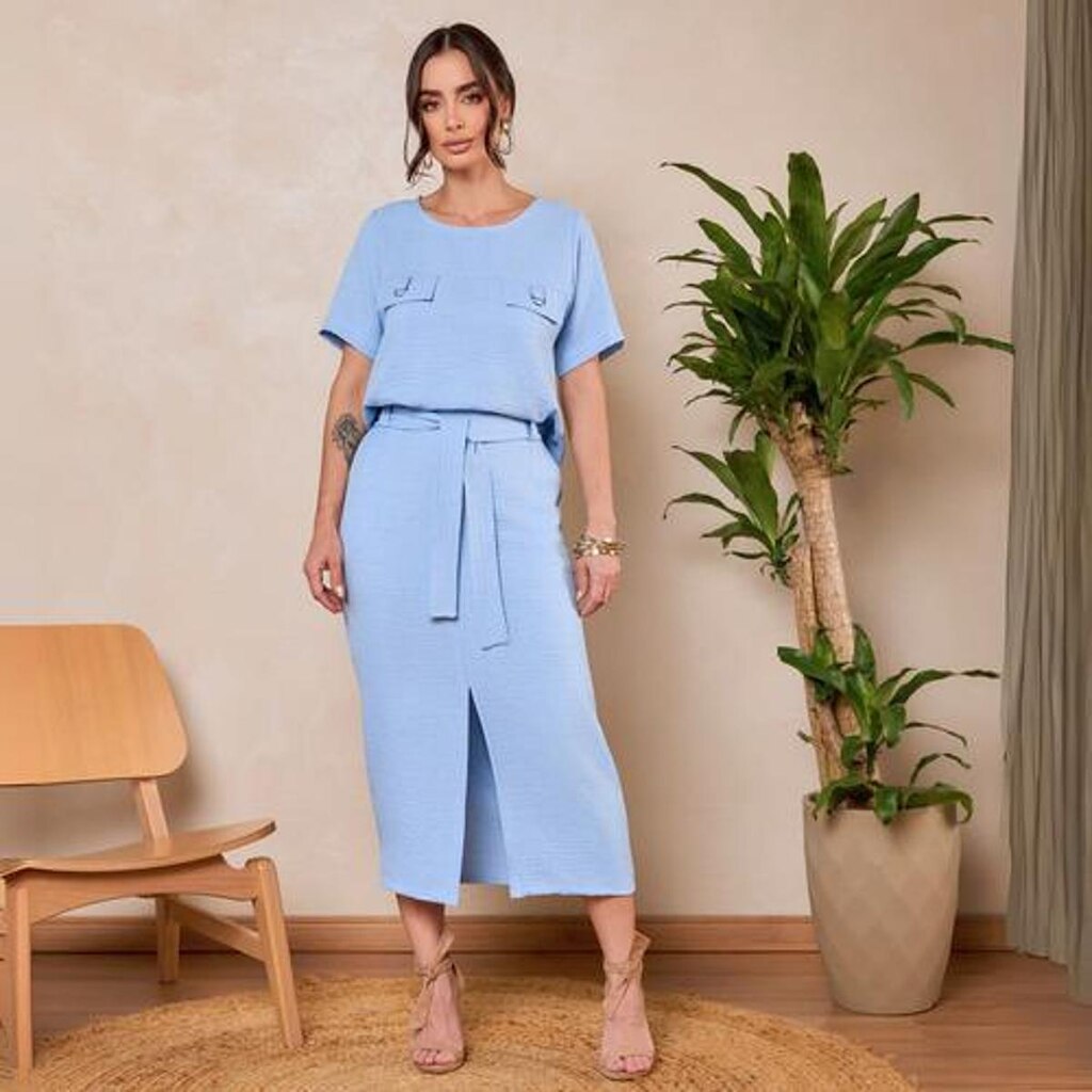 Conjunto Feminino Blusa Com Manga Com Saia Midi Tecido Duna