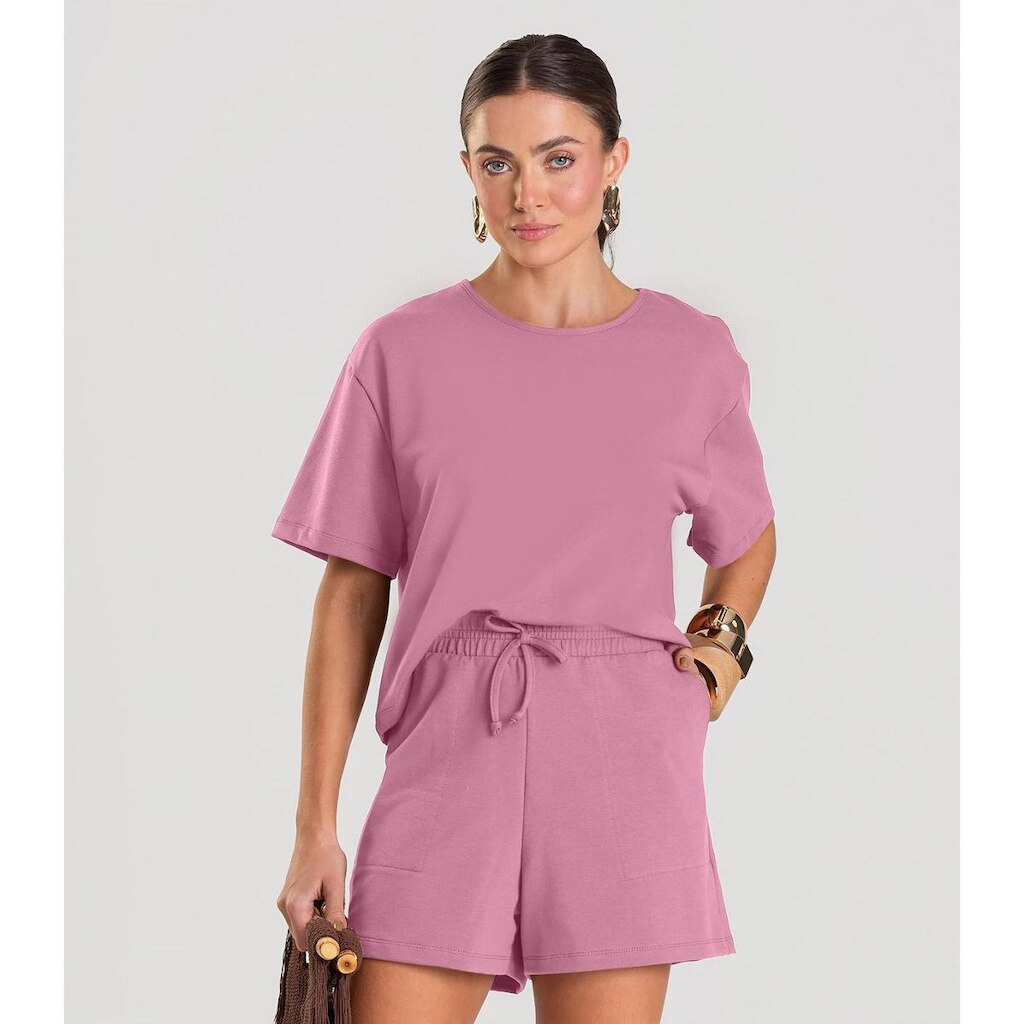 Conjunto Feminino Blusa Com Shorts Dianna Rosa