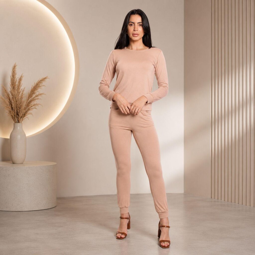 Conjunto Feminino Calça e Blusa Manga Longa Suplex Confortável Casual