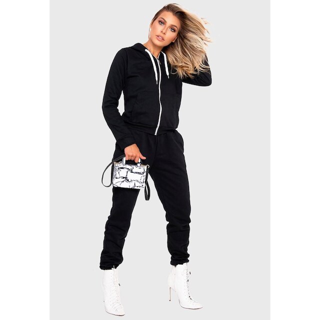 Conjunto Feminino Casaco Moletom Com Zíper + Calça Com Bolsos Inverno