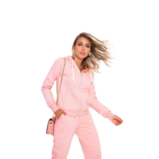 Conjunto Feminino Casaco Moletom Com Zíper + Calça Com Bolsos Inverno