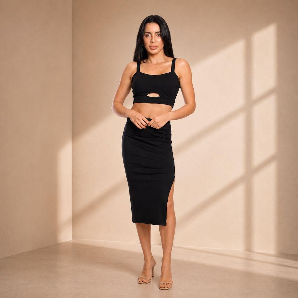 Conjunto Feminino Cropped Alcinha e Saia Midi Canelada com Fenda