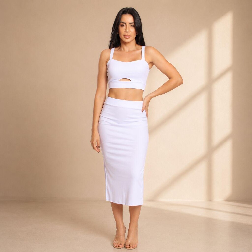 Conjunto Feminino Cropped Alcinha e Saia Midi Canelada com Fenda
