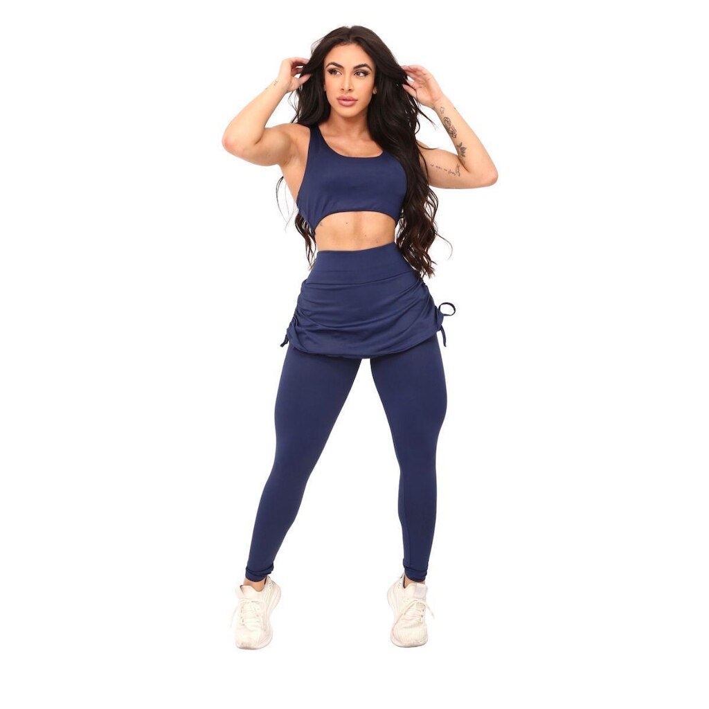 Conjunto Feminino FMF Top e Legging Saia Repuxada Moda Fitness