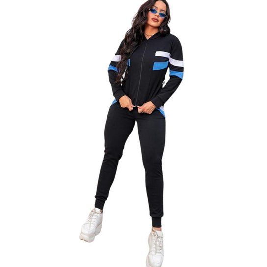 Conjunto Feminino Moletom Crepe Casaco Calça Faixa dupla Top - Azul Menor preço em Conjunto Feminino Moletom Crepe Casaco Calça Faixa dupla Top - Azul