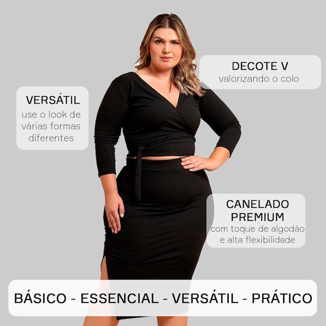 Conjunto Feminino Plus Size Transpassada Cropped Envelope Saia Midi Fenda