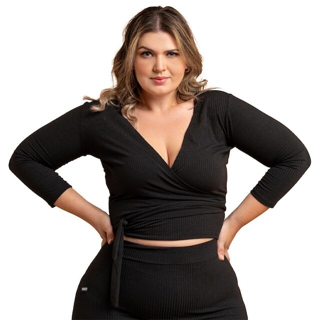 Conjunto Feminino Plus Size Transpassada Cropped Envelope Saia Midi Fenda